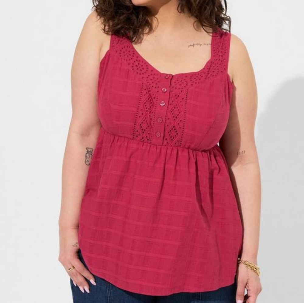 Torrid Size 0 Cotton Window Pane Babydoll Button Front Top